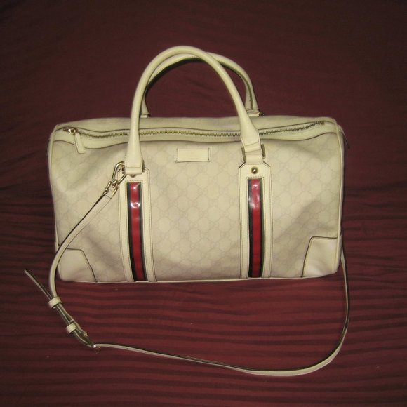 ❤️AUTH GUCCI WHITE RED / GREEN STRIPE XL DUFFLE SPEEDY TRAVEL BAG - Picture 1 of 12